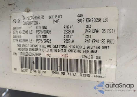 2005 Dodge Ram 1500 Slt/Laramie из США, поврежденный, VIN 1D7HU18D25S270000